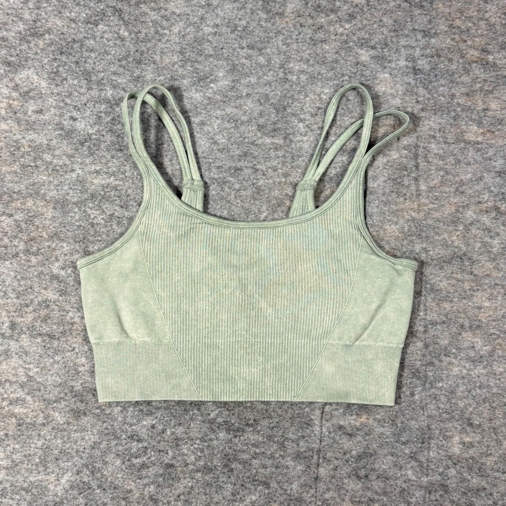 Yogalicious Mineral Wash Seamless Ribbed Double Strap Sports Bra M Green Boho